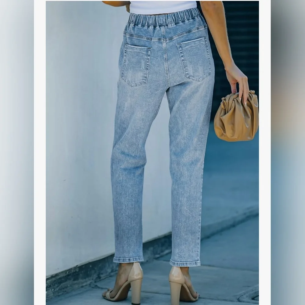 Womens Cargo Jeans Ripped Denim Joggers Elastic Drawstring Waist Pull On Skyblue